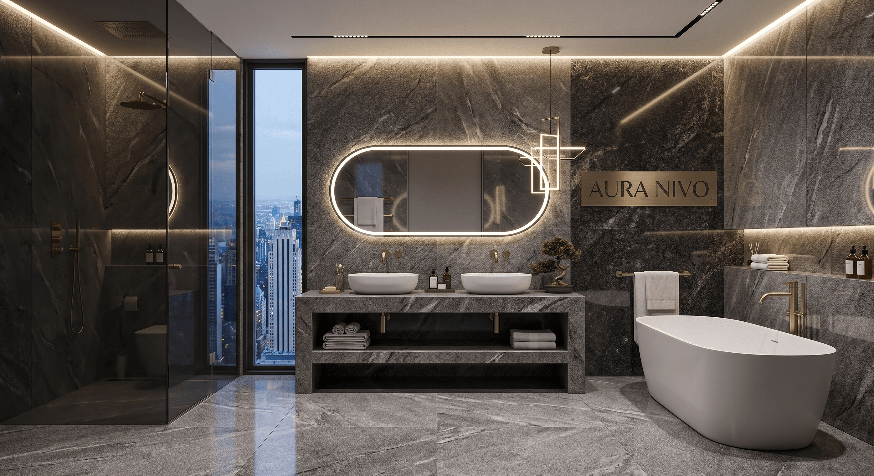 Banyo mermer, armatür ve LED aydınlatma